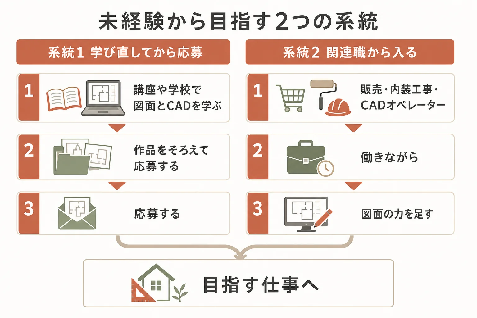 未経験からインテリアデザイナーを目指す道を、学び直してから応募する系統と、関連職から入る系統の2つに分けた図解