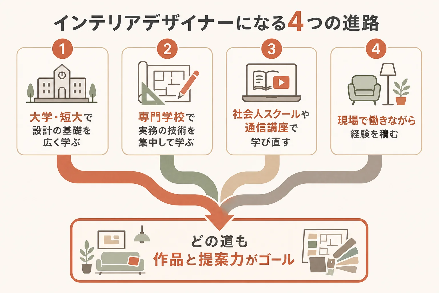 インテリアデザイナーになる4つの進路を、大学・短大、専門学校、社会人スクール・通信講座、現場からのたたき上げで比べた図解