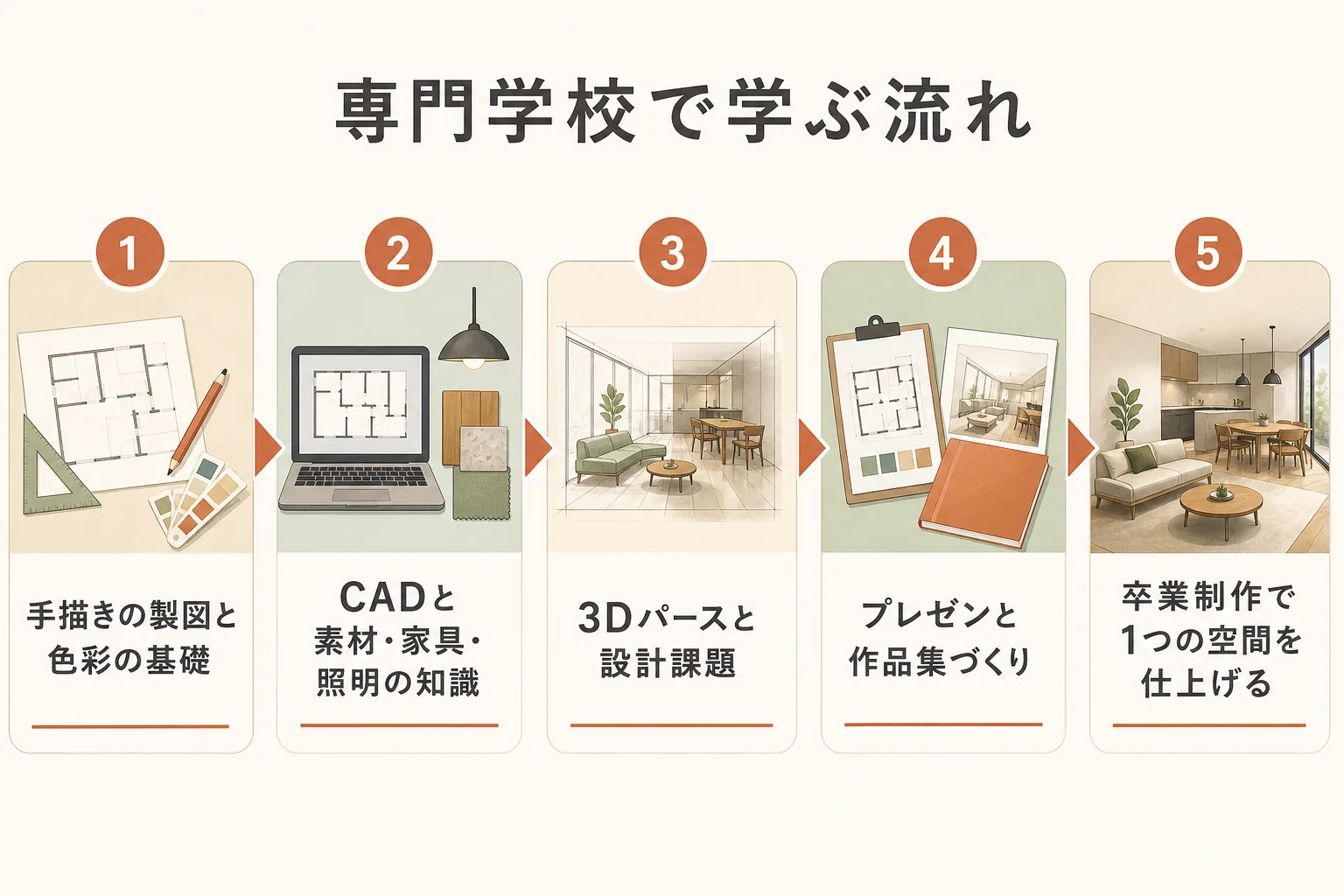 インテリアデザイナーの専門学校で、製図・CAD・素材・設計課題・卒業制作の順に学んでいく流れを示した図解