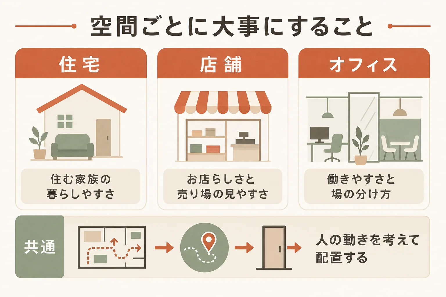 住宅・店舗・オフィスの3つの空間で、インテリアデザイナーが大事にすることの違いを比べた図解