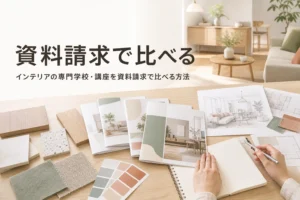 インテリアの専門学校や講座を、資料請求で取り寄せた案内で比べる方法を紹介する記事のアイキャッチ