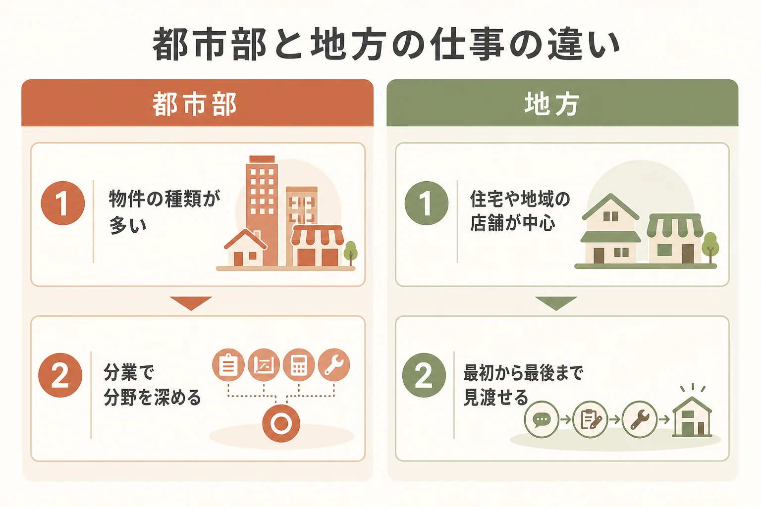東京など都市部と地方で、インテリアデザイナーの扱う物件や担当範囲がどう違うかを比べた図解