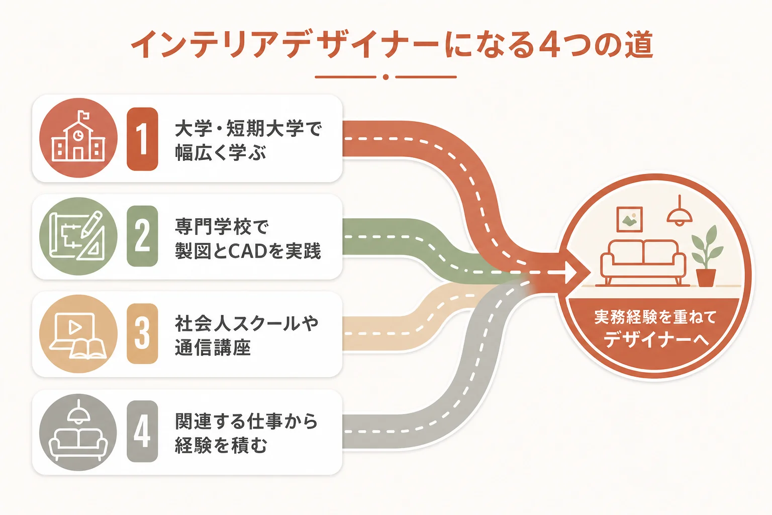 インテリアデザイナーになるまでの道を、大学・専門学校・社会人スクールや通信講座・関連する仕事の4つに分けて示した図解